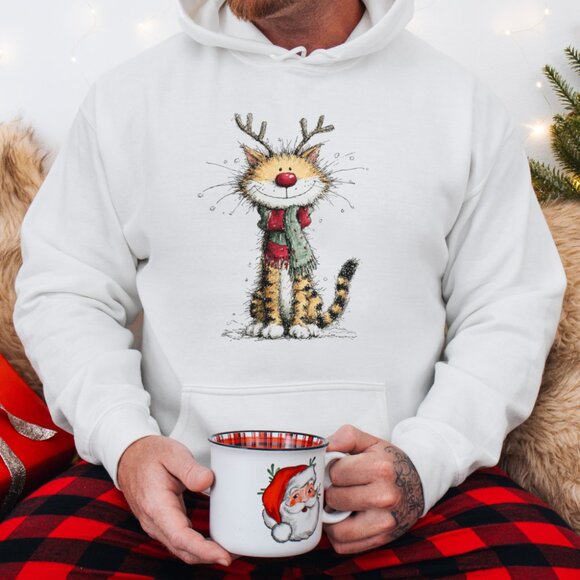 Reindeer Cat Hoodie Funny Holiday Animal Art Festive Cute Cozy Sweatshirt White - Picture 4 of 4